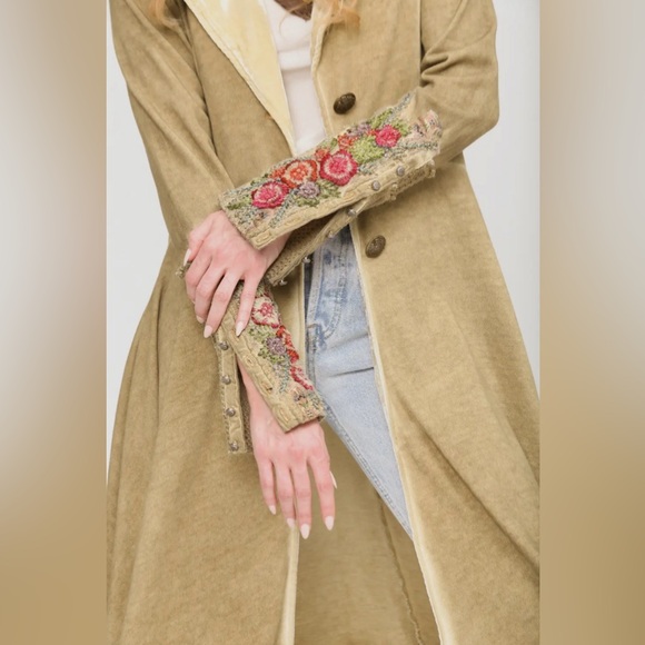Aratta Floral Embroidered Trench Coat in Tan - Picture 5 of 12